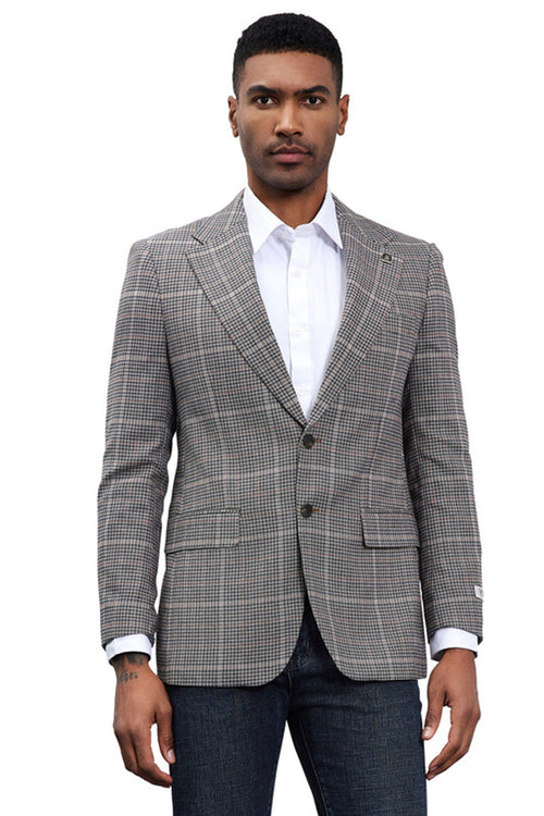 Charcoal grey plaid Stacy Adams men's sport coat. Modern fit, tailored shape with notched lapel and pockets. Textured material with subtle highlights and dark buttons, structured look.
