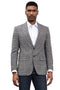 Charcoal grey plaid Stacy Adams men's sport coat. Modern fit, tailored shape with notched lapel and pockets. Textured material with subtle highlights and dark buttons, structured look.
