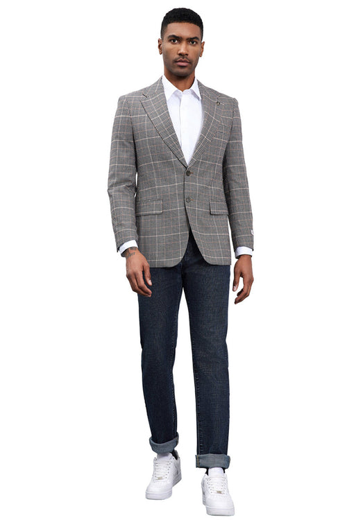 Men's Stacy Adams charcoal grey plaid sport coat. Modern fit, tailored with notched lapel, single-breasted, and two front pockets. Features contrast stitching and a smooth lining. Formal plaid pattern.
