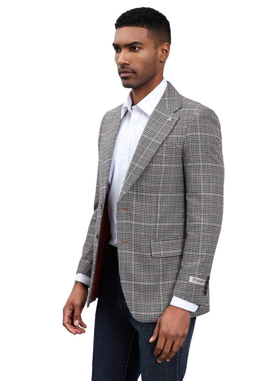 Stacy Adams men's modern fit sport coat. Charcoal grey plaid, structured, single-breasted. Notched lapels, front pockets, button sleeves. Woven fabric with subtle texture.
