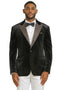 Black velvet tuxedo jacket by Stacy Adams. Shiny, textured finish, rhinestone lapel. Single-button closure, structured fit. Features two side pockets, breast pocket. Perfect for weddings & proms.
