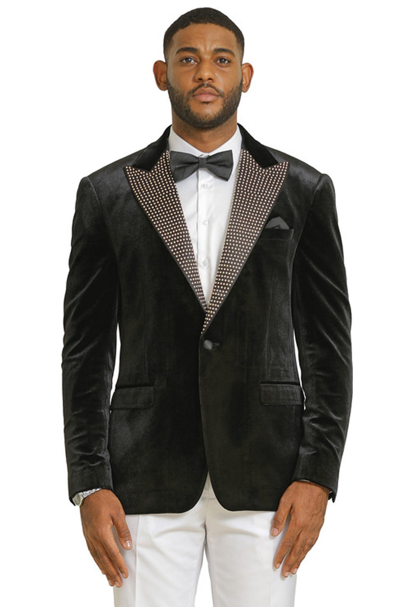 Men's Stacy Adams Velvet Wedding & Prom Tuxedo Jacket With Rhinestone Adorned Lapel in Black