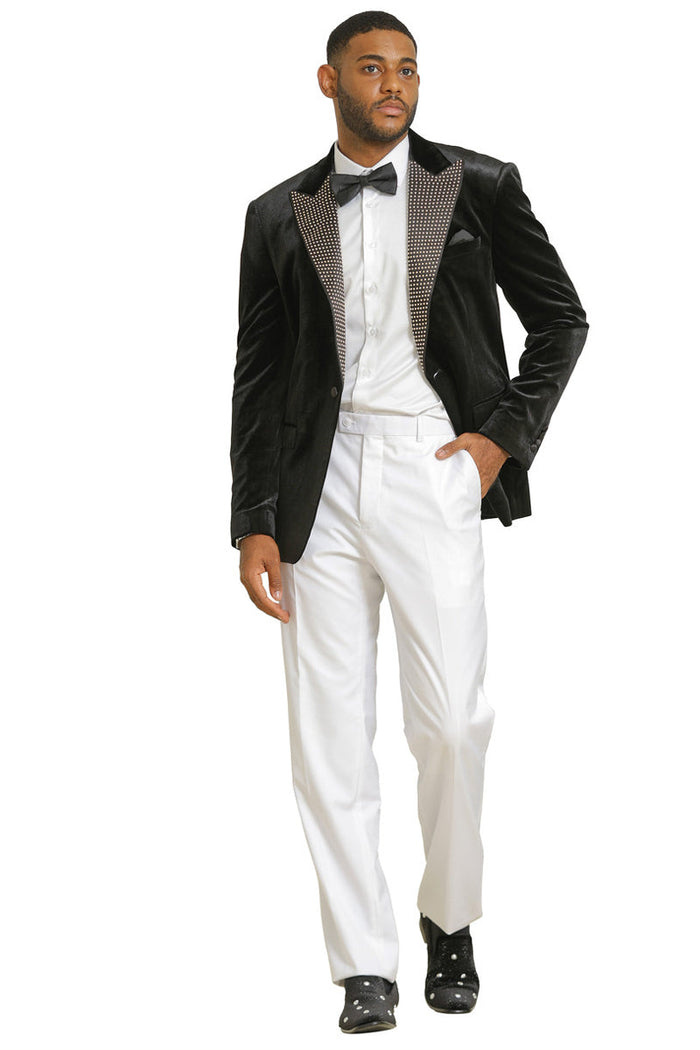 Black velvet Stacy Adams tuxedo jacket. Rhinestone lapel. Structured fit with single-button closure and front pockets. Perfect for weddings and proms.
