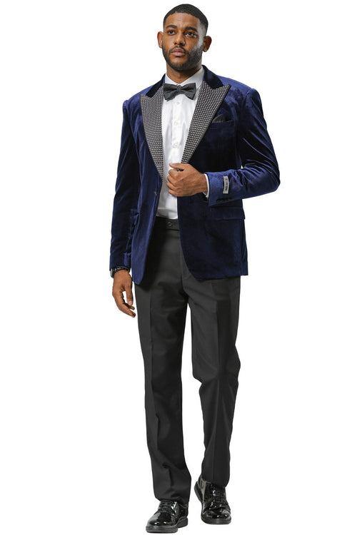 Stacy Adams navy velvet tuxedo jacket for men. Features rhinestone lapel, structured fit, single-button closure, and two front pockets. Soft, plush velvet material.
