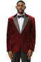 Burgundy velvet Stacy Adams tuxedo jacket with a shiny finish. Features rhinestone lapel, single-button closure, and structured shoulders for a formal look. Designed for weddings and proms.
