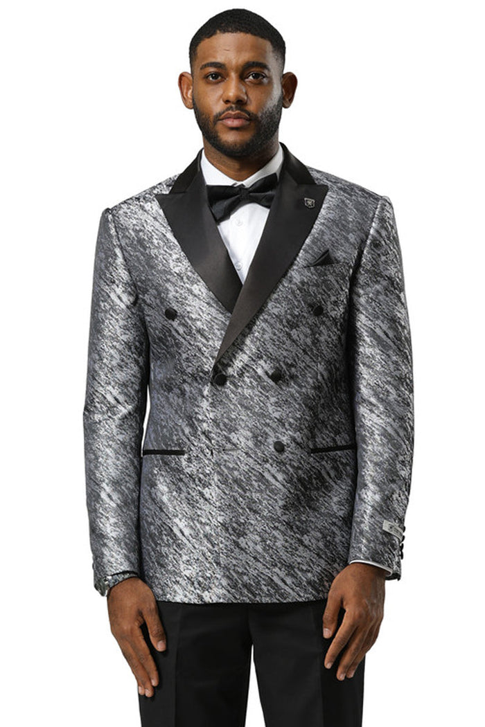 Silver sharkskin tuxedo jacket by Stacy Adams. Double-breasted, textured with a brushstroke pattern. Features black satin peak lapel, double buttons, and flap pockets. Ideal for weddings and proms.
