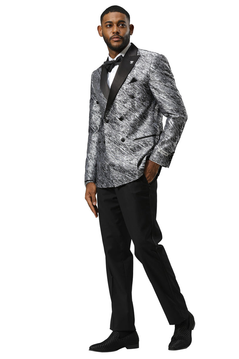 Men's Stacy Adams tuxedo jacket. Shiny silver sharkskin with double-breasted front. Black satin peak lapels and buttons. Textured pattern, two front pockets, and a formal sheen.
