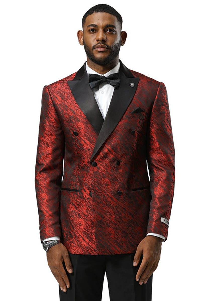 Stacy Adams men's red double-breasted tuxedo jacket. Textured shiny sharkskin with subtle pattern. Black satin shawl collar, double-breasted closure with black buttons. Tailored fit, side pockets, structured sleeves.
