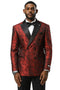 Stacy Adams men's red double-breasted tuxedo jacket. Textured shiny sharkskin with subtle pattern. Black satin shawl collar, double-breasted closure with black buttons. Tailored fit, side pockets, structured sleeves.
