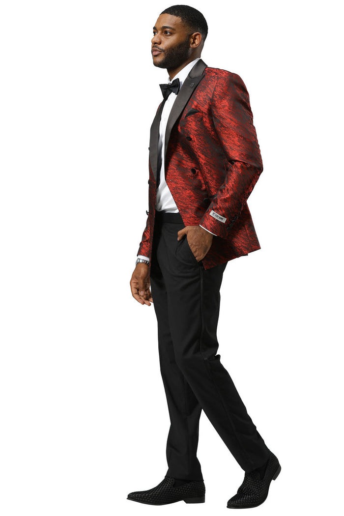 Stacy Adams red sharkskin double-breasted tuxedo jacket. Textured, shiny fabric with a swirling pattern. Features shawl collar, black buttons/cuffs, and a tailored silhouette. Perfect for weddings/proms.
