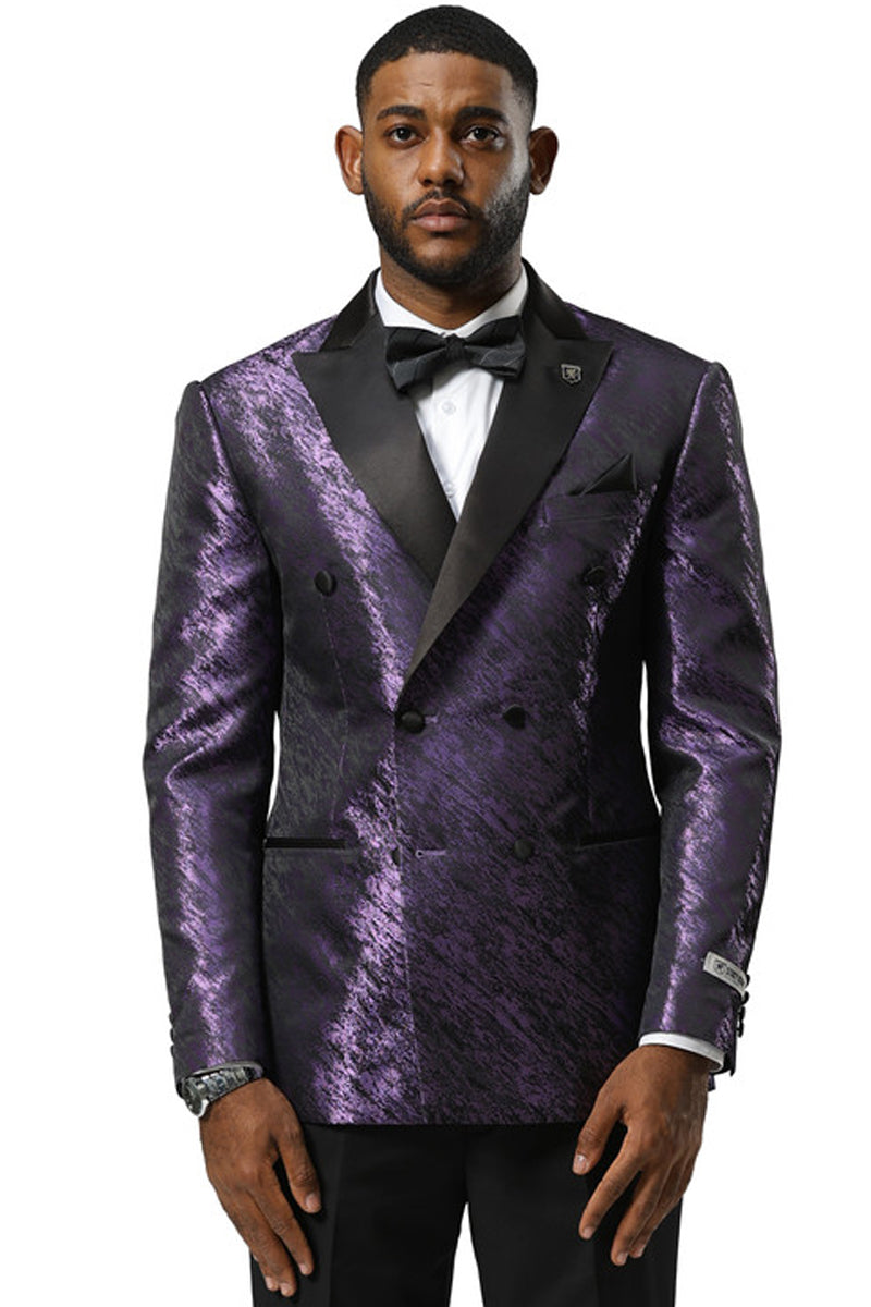 Men's Stacy Adams tuxedo jacket: structured, double-breasted, purple with black accents. Glossy, textured finish, likely satin. Modern cut, perfect for weddings/proms.
