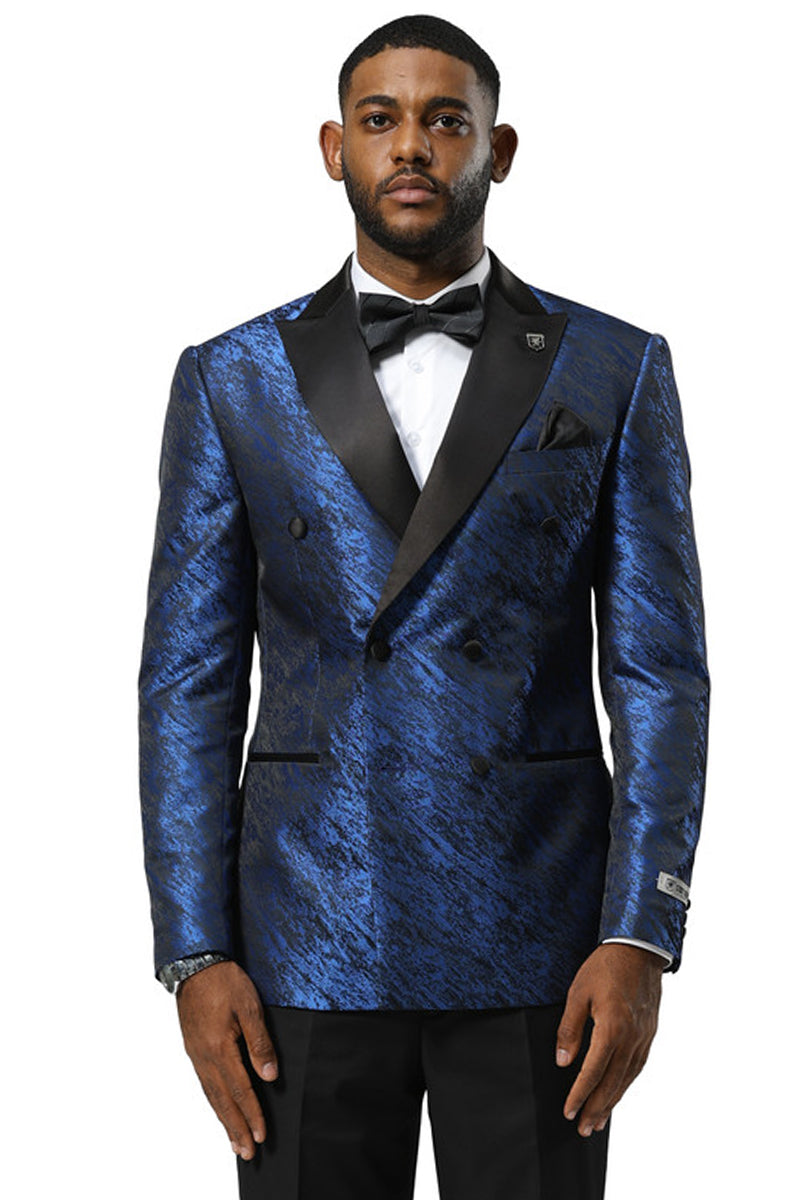 Men's royal blue double-breasted tuxedo jacket. Textured sharkskin fabric, notched black satin lapel, and black pocket details. Tailored fit for a structured look.

