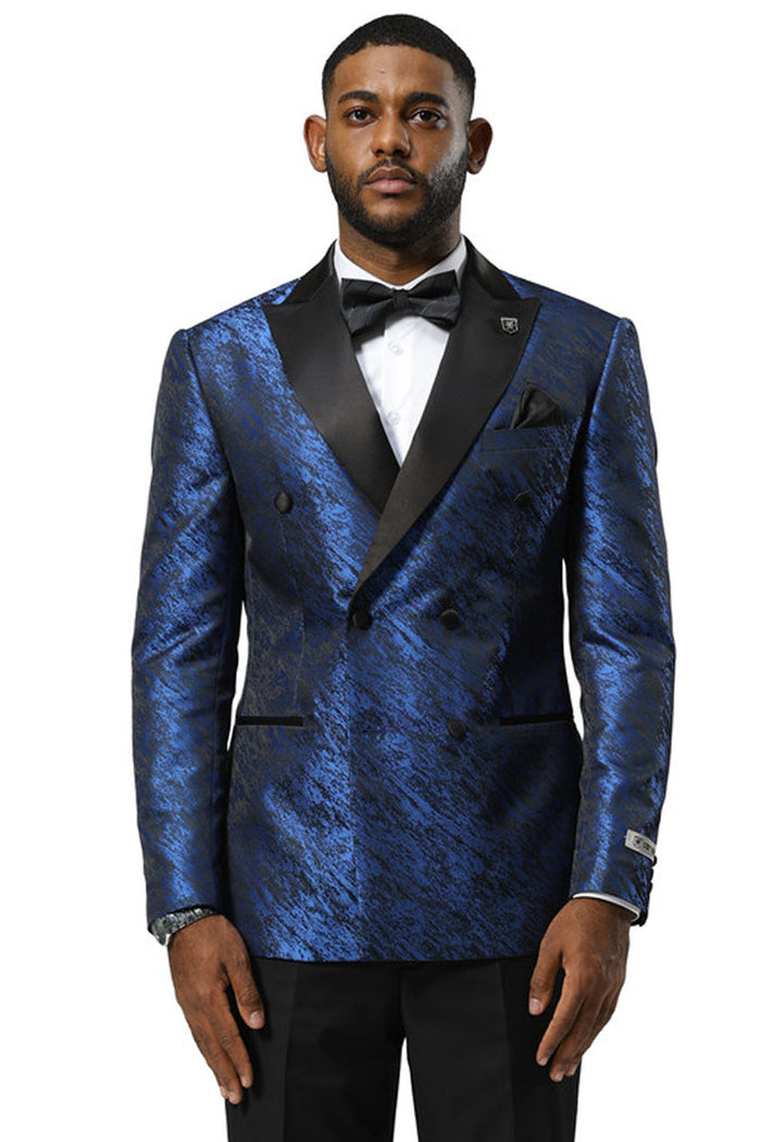 Men's royal blue double-breasted tuxedo jacket. Textured sharkskin fabric, notched black satin lapel, and black pocket details. Tailored fit for a structured look.
