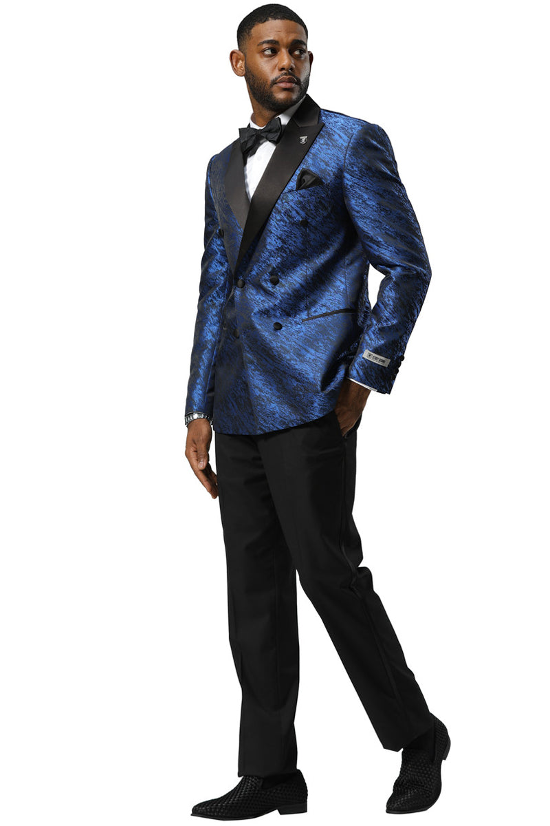 Stacy Adams men's slim-fit tuxedo jacket. Royal blue sharkskin, double-breasted with peak lapel & black satin accents. Features black buttons and a front pocket.
