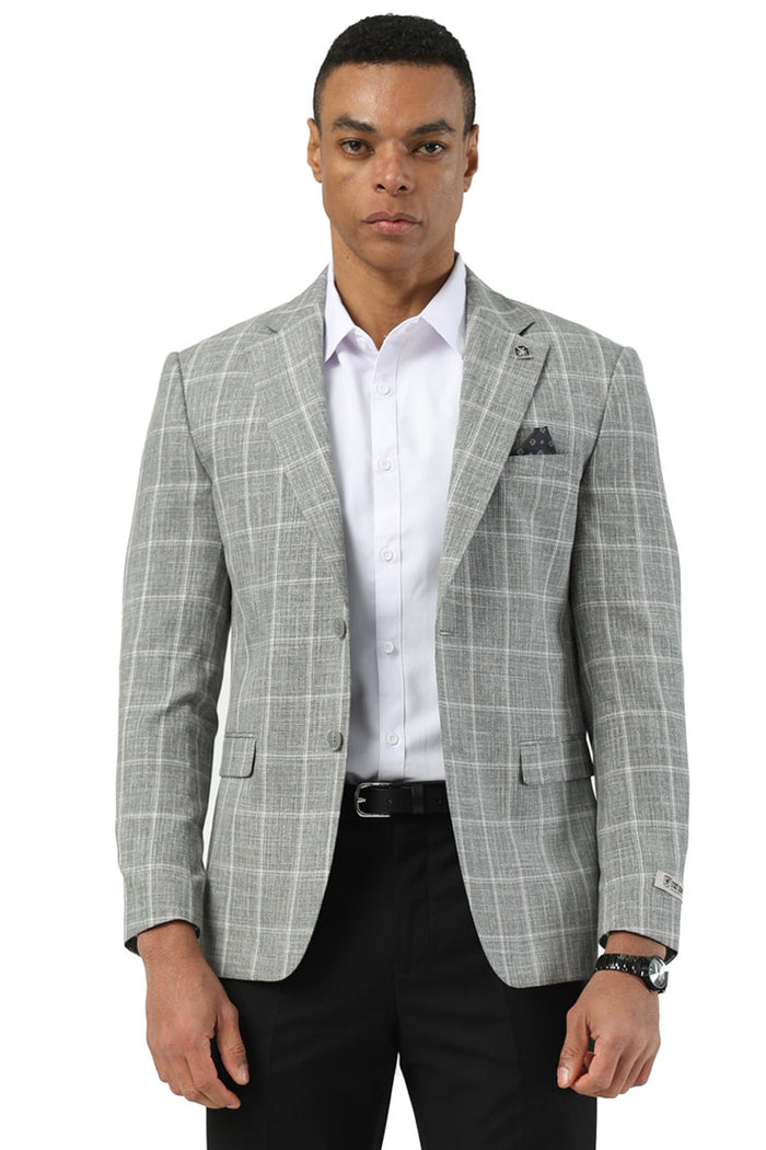 Stacy Adams men's modern fit grey blazer with windowpane plaid. Single-button closure, notched lapels, and two front pockets. Structured shape with a subtle light and dark plaid pattern.
