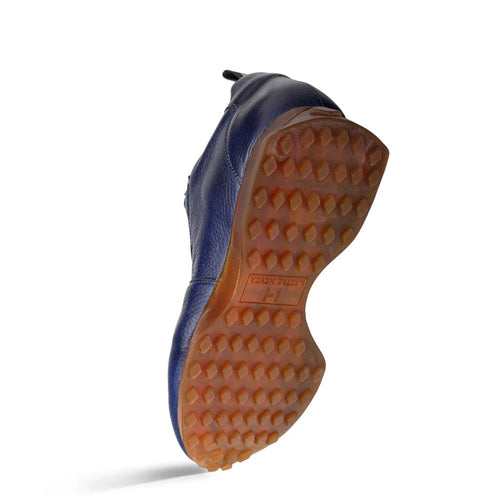 Gerardo men's blue deerskin sneakers: sleek, low-top design with a rounded toe. Crafted from blue deerskin leather with a smooth finish and a textured rubber outsole.
