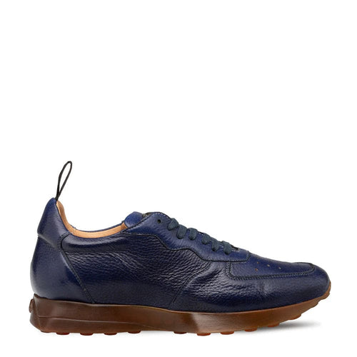 Mezlan Gerardo sneakers: Smooth, dark blue deerskin upper. Rounded toe, lace-up front, and contrasting brown rubber sole. Luxurious and stylish.
