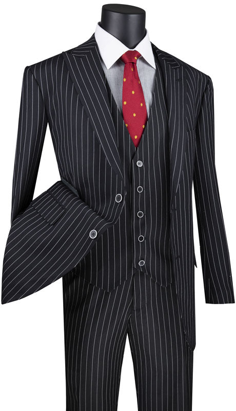 Odyssey Collection - Black Regular Fit 3 Piece Suit 2 Button Gangster Stripe