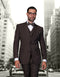 Men's brown modern fit wool suit with a 2-button closure. Includes a matching vest and notched lapels. Paired with a light blue shirt & bow tie.
