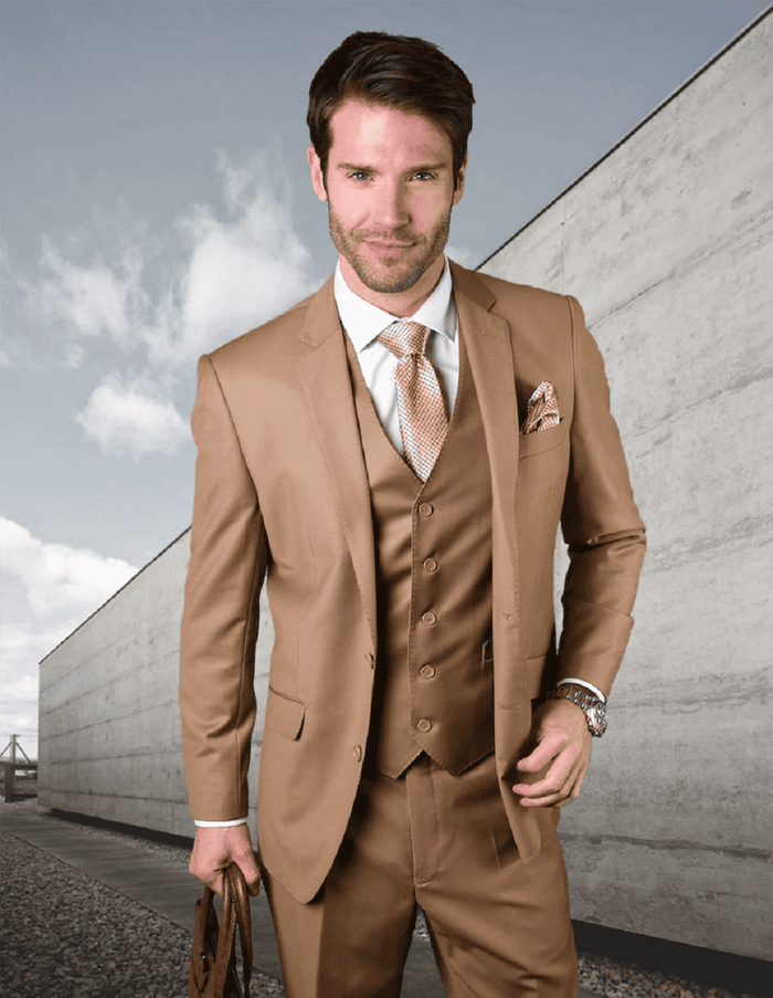 Men’s Caramel 2 Button Modern Fit Vested Wool Suit, Formal Wedding Business Dress Suit