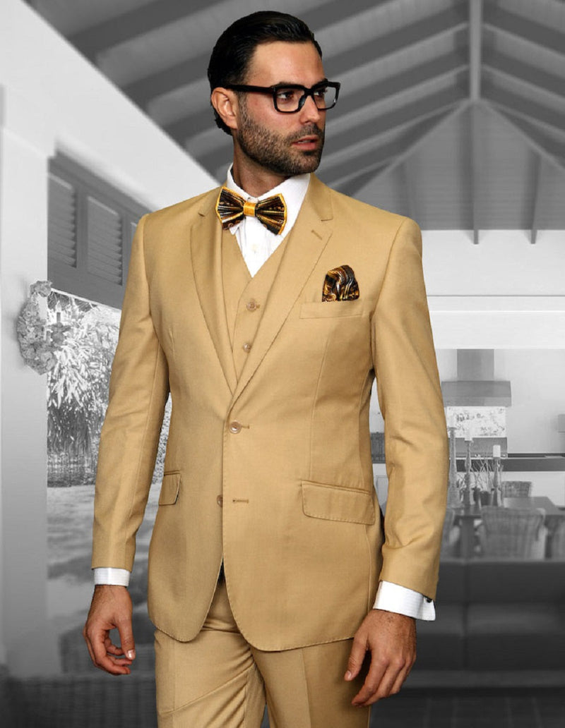 Modern fit, 2-button men's vested wool suit in chestnut brown. Tailored cut, notched lapels, two front pockets, and a chest pocket. Includes a matching vest. Features white sleeve cuffs for contrast.