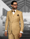 Modern fit, 2-button men's vested wool suit in chestnut brown. Tailored cut, notched lapels, two front pockets, and a chest pocket. Includes a matching vest. Features white sleeve cuffs for contrast.