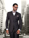 Heather charcoal modern fit men's vested wool suit. Tailored jacket with notched lapel, two pockets, and matching vest. Textured wool fabric, dark gray with subtle variations. Patterned bow tie and pocket square. Structured fit.
