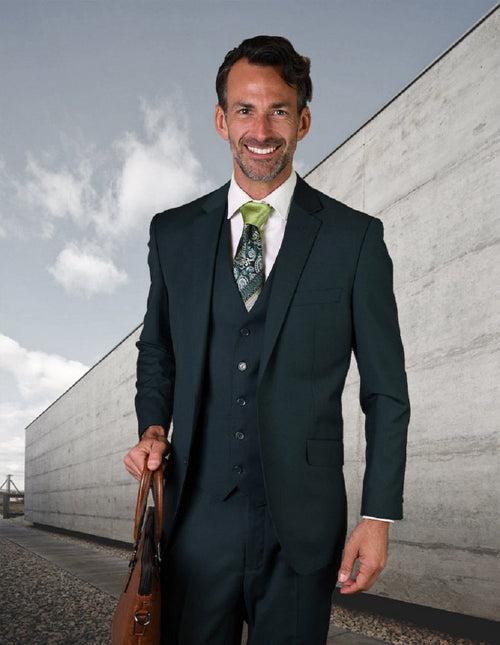 Men's modern fit, 2-button jade wool suit. Includes jacket and matching vest. Solid jade color, perfect for a contemporary look.