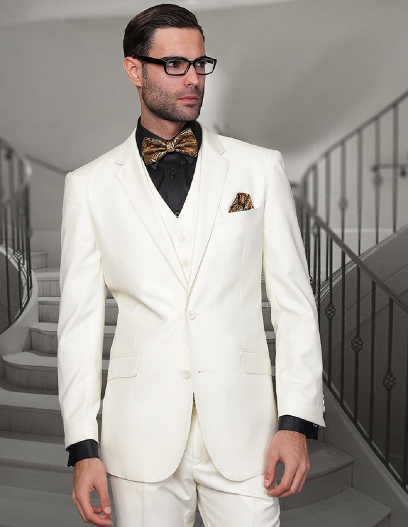 Ivory men's modern fit wool suit with a 2-button jacket, vest, and slim-fit trousers. Tailored with straight lapels and a structured silhouette. Features a smooth, woolen ivory fabric.