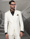 Ivory men's modern fit wool suit with a 2-button jacket, vest, and slim-fit trousers. Tailored with straight lapels and a structured silhouette. Features a smooth, woolen ivory fabric.