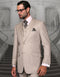 Men's modern fit, sand-colored wool suit. Two-button closure, three-piece (vest included), notch lapel, and side pockets. Clean silhouette and structured design.
