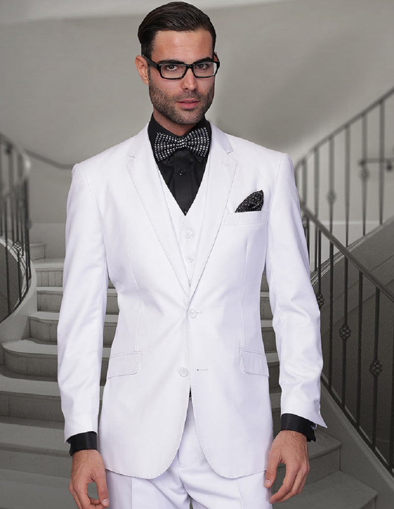 Men's modern fit white wool suit. Includes a 2-button jacket with notch lapels, matching vest, and trousers. Tailored, lightweight, and finely textured wool.