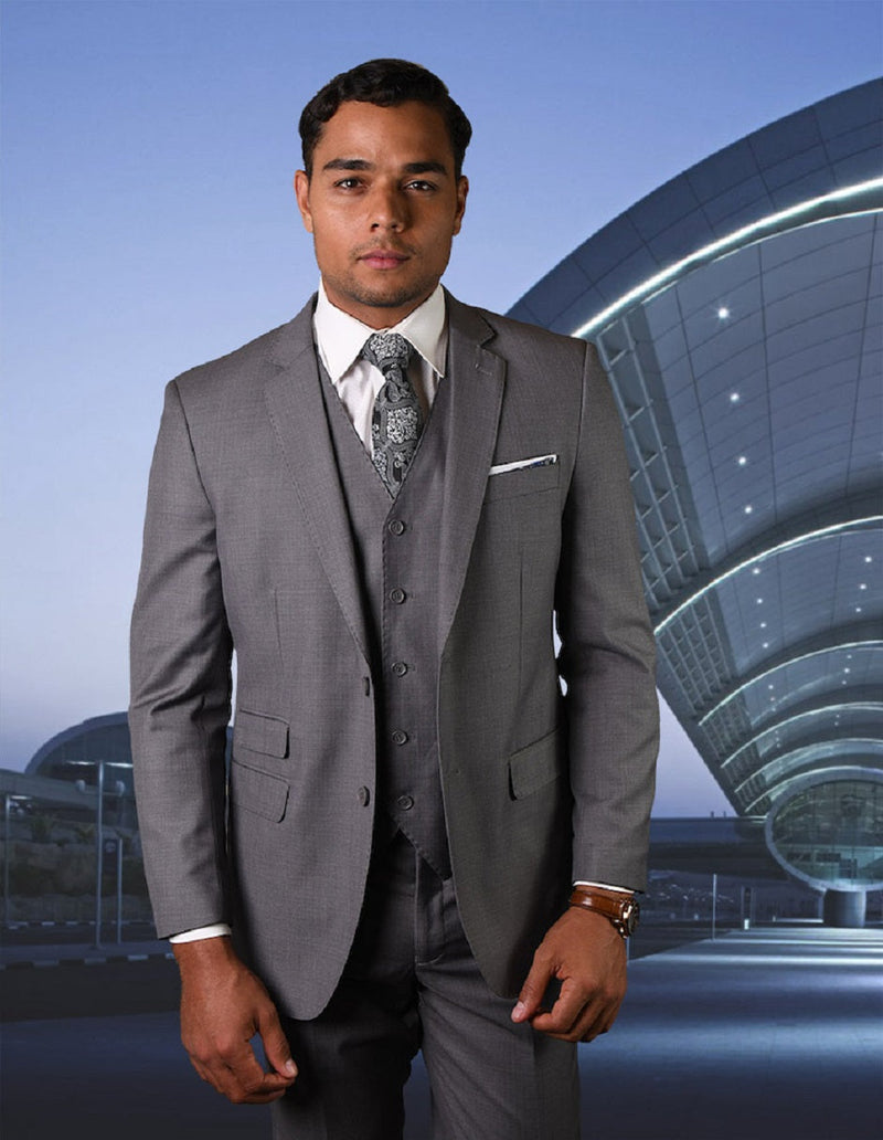Men's modern fit heather grey suit with pick stitch detailing. Includes a 2-button blazer with notched lapels & 2 pockets, and a 3-button vest. Features a smooth fabric and refined edges.
