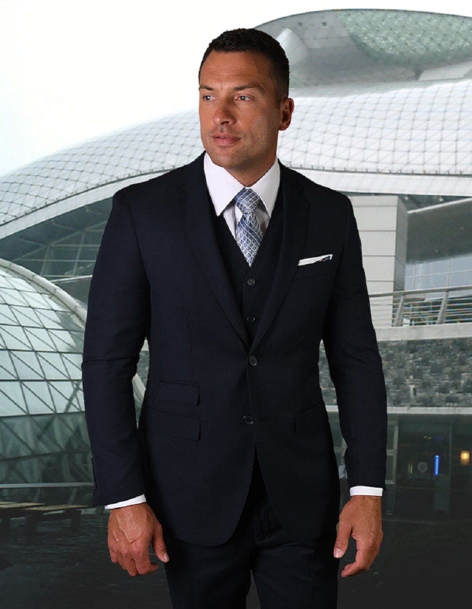3 piece Suit - Navy Blue   Three Piece Suit -Mens 2 Button Modern Fit Vested Pick Stich Suit in Navy Blue