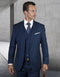Modern fit, sapphire blue men's suit. Features a 2-button blazer, vest, & straight-leg trousers. Solid weave with pick stitch detail. Includes a breast pocket with a white pocket square. Worn with a white shirt and patterned tie.