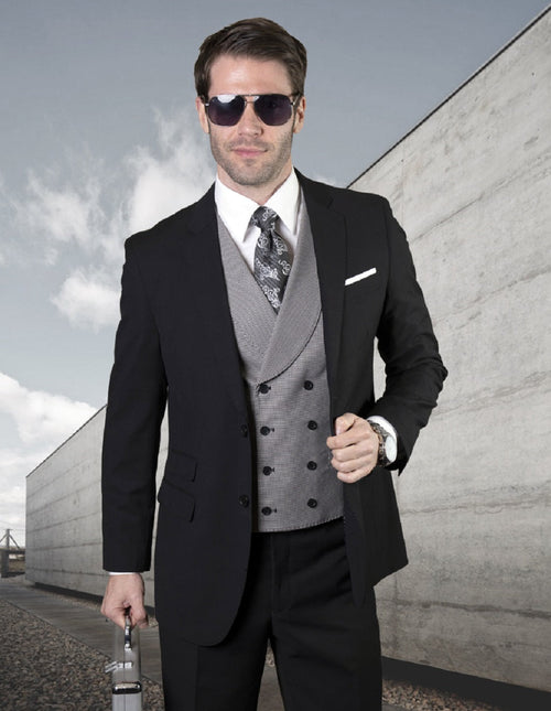 Men's black 2-button wool suit with notch lapels. Includes a gray, checkered double-breasted vest and matching trousers. Tailored for a formal, cohesive appearance.