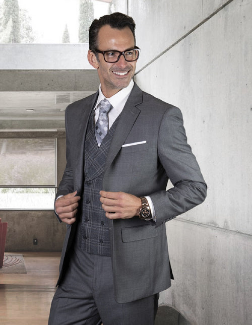 Men's grey wool suit with a 2-button notch lapel. Includes a tailored fit and a double-breasted textured grey shawl vest for a layered look.