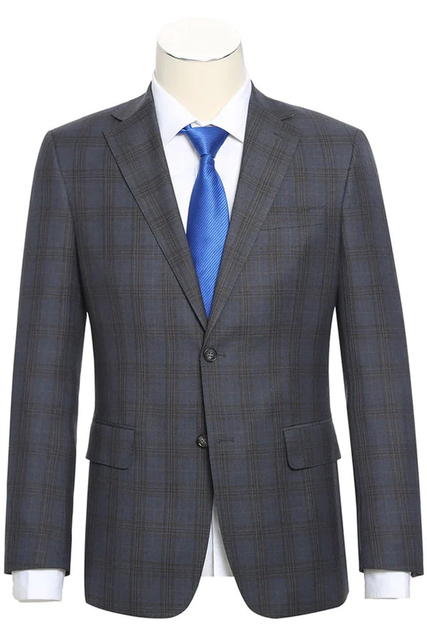 Mens Plaid Suit - Patterned Business Suit -Mens Designer Two Button Slim Fit Notch Lapel Suit In Grey & Tan Windowpane Plaid