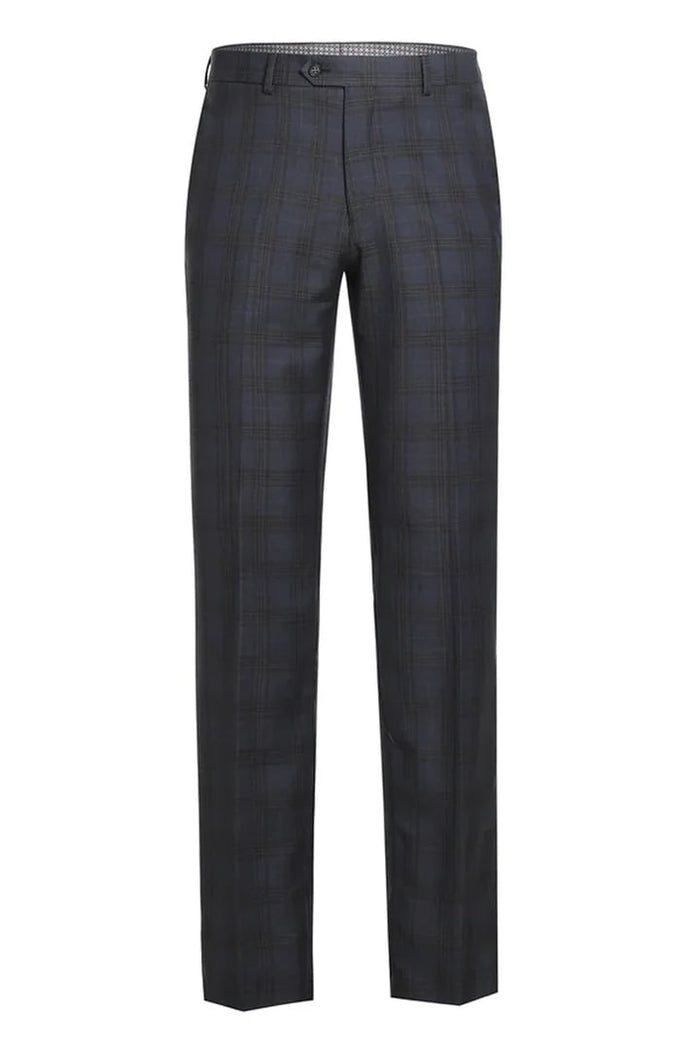 Mens Plaid Suit - Patterned Business Suit -Mens Designer Two Button Slim Fit Notch Lapel Suit In Grey & Tan Windowpane Plaid