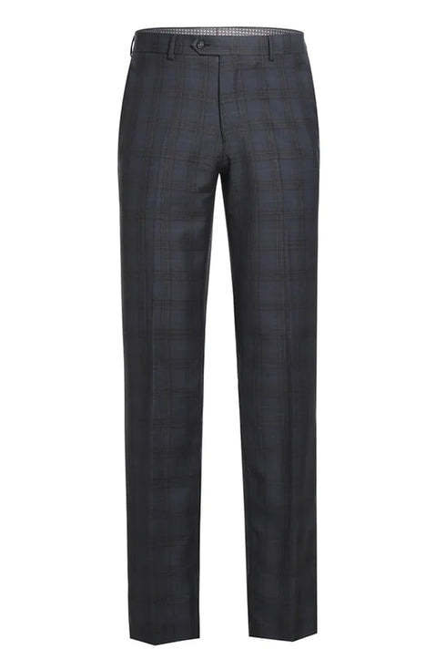 Mens Plaid Suit - Patterned Business Suit -Mens Designer Two Button Slim Fit Notch Lapel Suit In Grey & Tan Windowpane Plaid