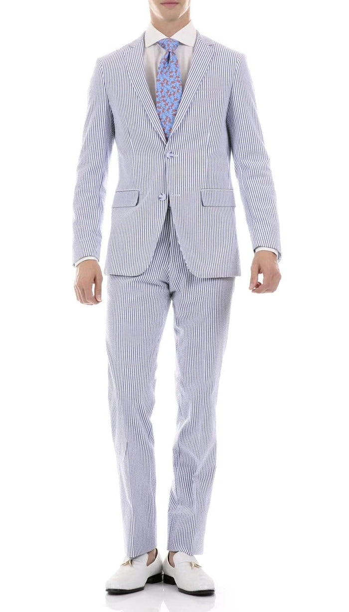 Premium Comfort Cotton Slim Fit Blue Seersucker 2 Piece Suit