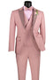 The men's summer slim fit peak lapel tuxedo suit by Alberto Nardoni features a light pink jacket with a darker peak lapel, paired with a matching light pink double-breasted vest and tailored trousers. The ensemble includes a light pink shirt and bow tie, complemented by a small floral accessory.