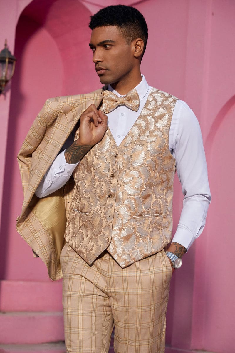 Mens Stacy Adams Suit -Stacy Adams Men's Plaid Suit with Paisley Vest & Bow Tie - Khaki