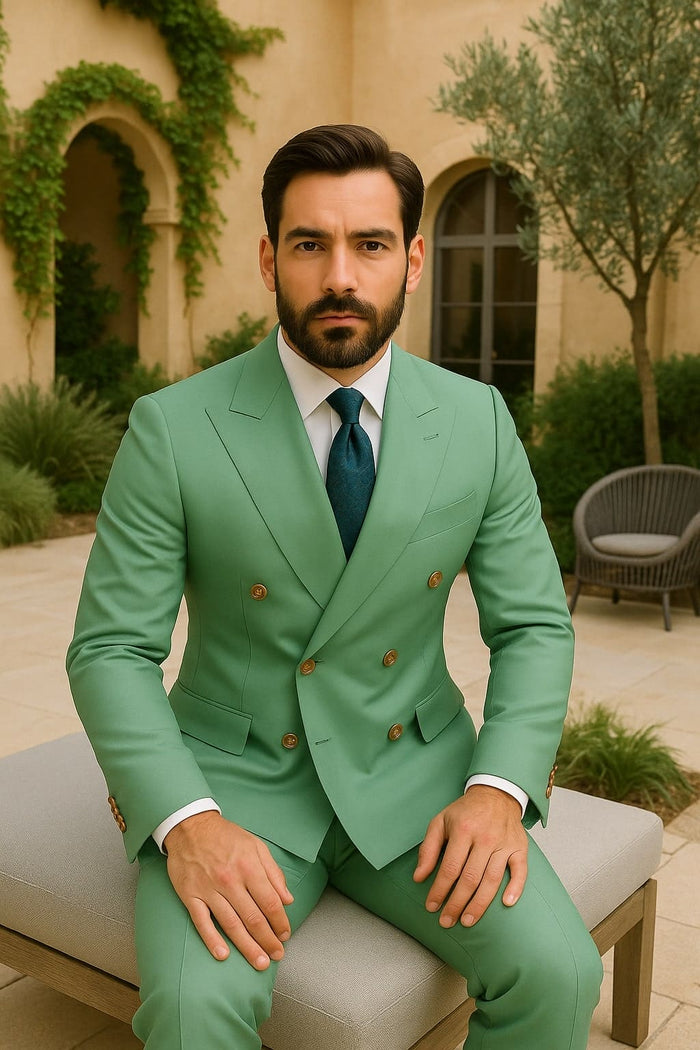Mens Sage Green Double-Breasted Suit with Gold Buttons â€“ Formal Slim Fit 2-Piece Pistachio Color