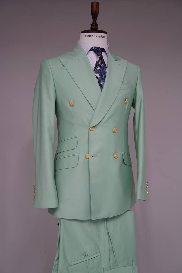 Mens Sage Green Double-Breasted Suit with Gold Buttons â€“ Formal Slim Fit 2-Piece Pistachio Color