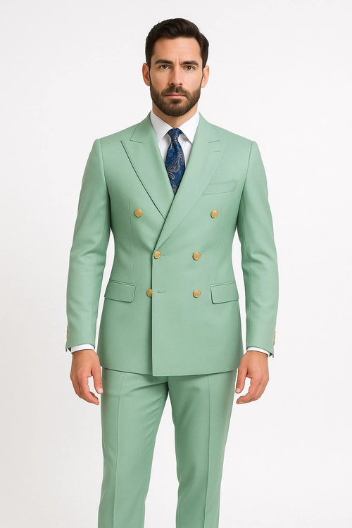 Men's sage green double-breasted suit with gold buttons. Tailored fit, peak lapel, two front pockets, and straight-cut trousers.
