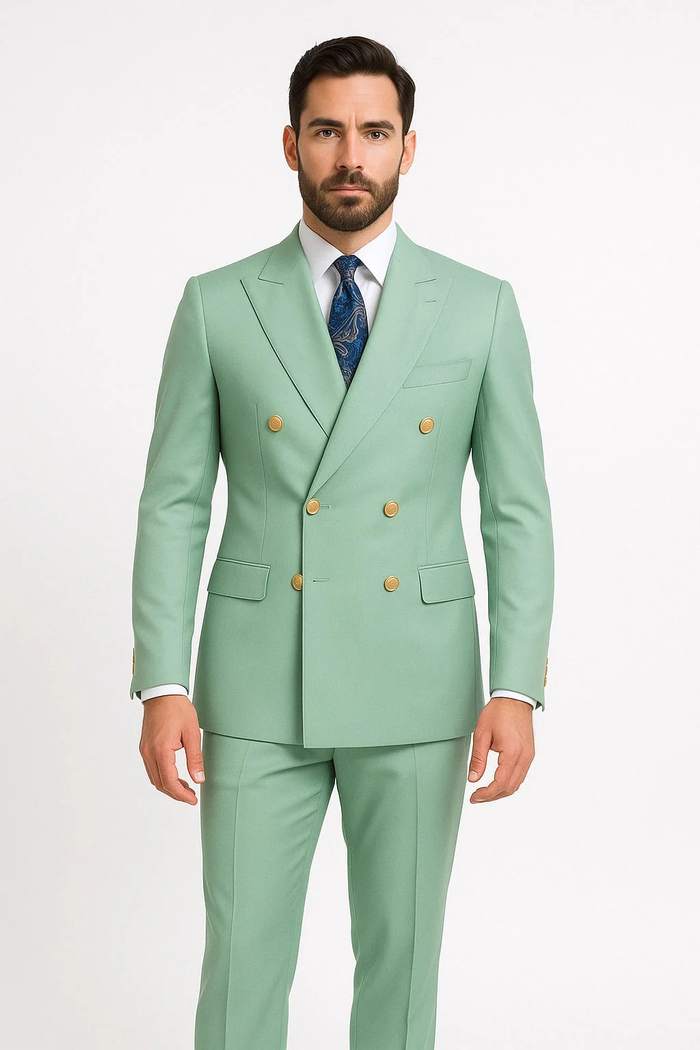 Men's sage green double-breasted suit with gold buttons. Tailored fit, peak lapel, two front pockets, and straight-cut trousers.
