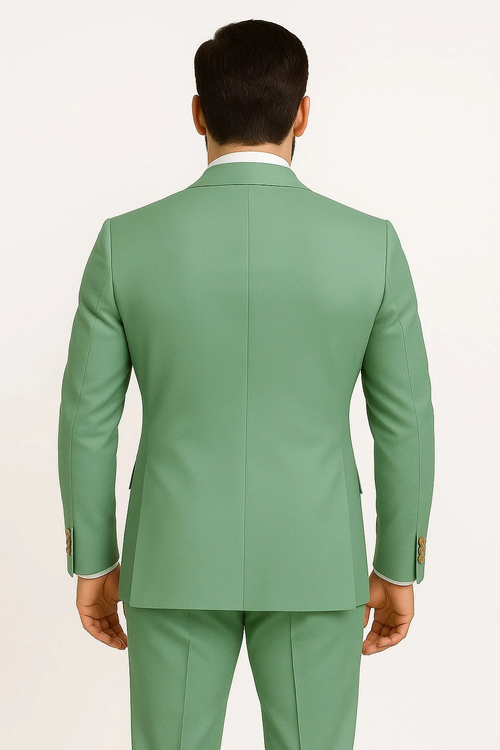 Men's sage green double-breasted suit. Tailored fit with strong shoulders & fitted rear. Smooth fabric, gold buttons on jacket sleeves.
