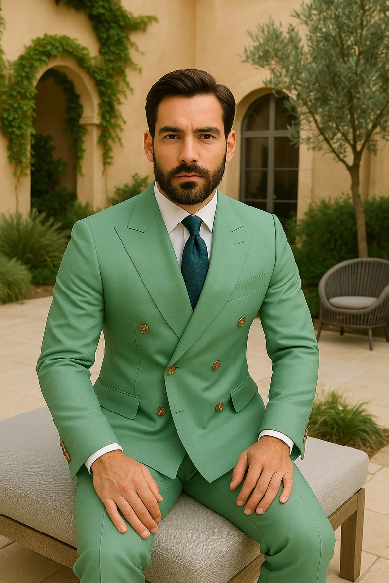 Sage green men's double-breasted suit. Tailored fit, structured silhouette. Gold buttons, wide notched lapels, and waist pockets. Smooth, likely synthetic fabric. Clean, modern design, no patterns.
