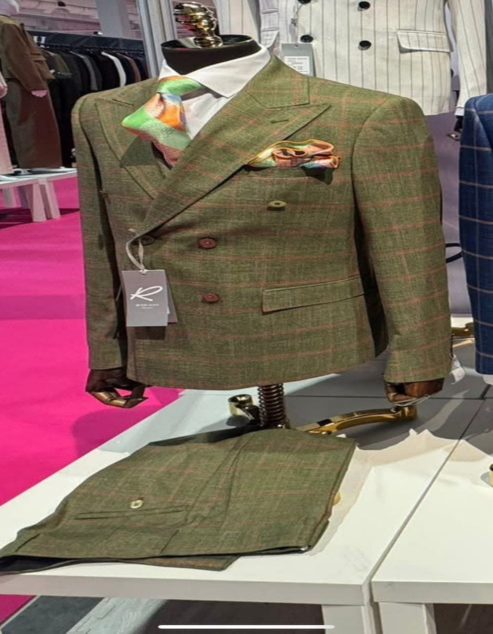 Rossiman Suit â€“ Sage Green & Burnt Orange Windowpane Plaid Double-Breasted Suit